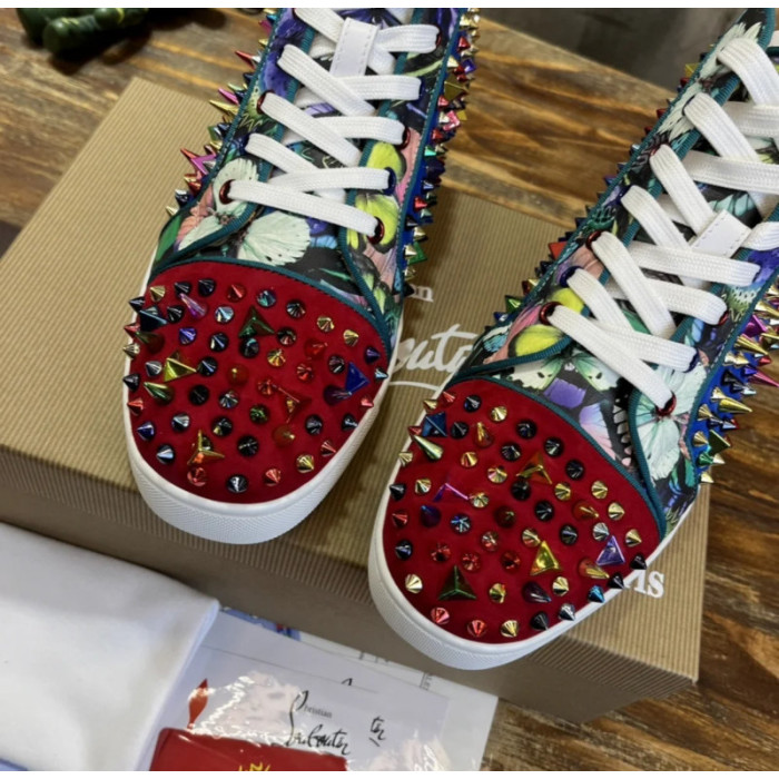Christian Louboutin Multicolor Spike Jungle‑Print Suede High‑Top Sneakers