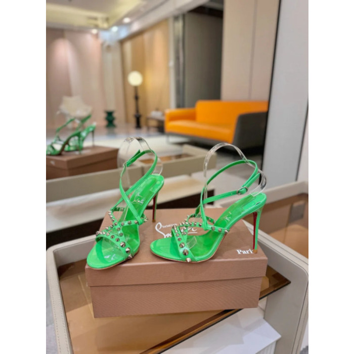 Christian Louboutin Green Patent Studded Ankle‑Strap Stiletto Heel Sandals 120mm heel