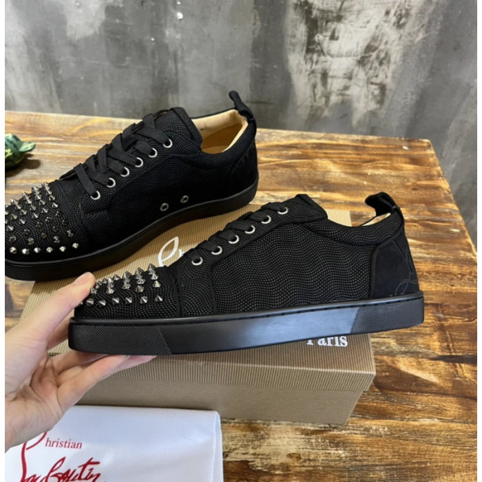 Christian Louboutin Black Textile Silver‑Spiked Low‑Top Sneakers