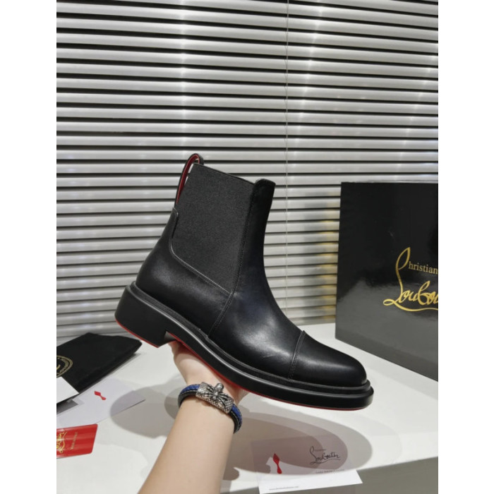 Christian Louboutin Black Calf Leather 30mm Cap‑Toe Chelsea Ankle Boots