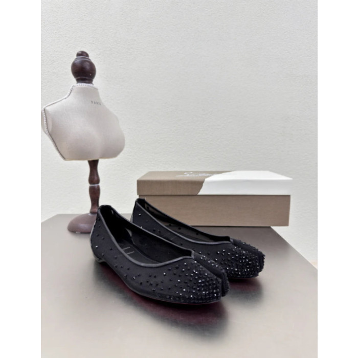 Christian Louboutin × Maison Margiela Black Mesh Crystal Tabi Split‑Toe Flat Shoes