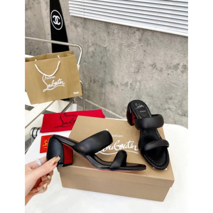 Christian Louboutin Black Leather 55mm heel Slide Sandals
