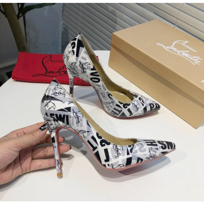 Christian Louboutin Monochrome Letter‑Print Pointed Toe 100mm Stiletto heel Pumps