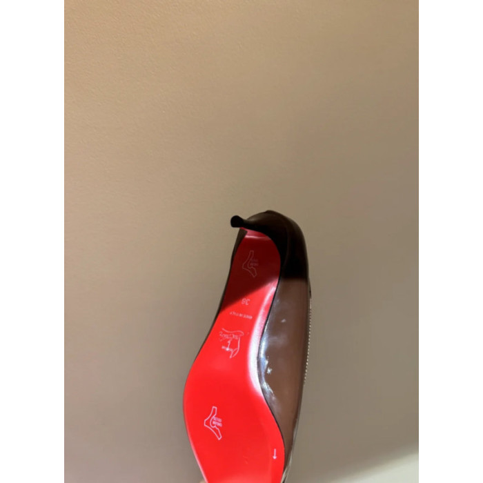 Christian Louboutin Brown Patent Metal‑Tip Pointed Toe Kitten Heel Pumps