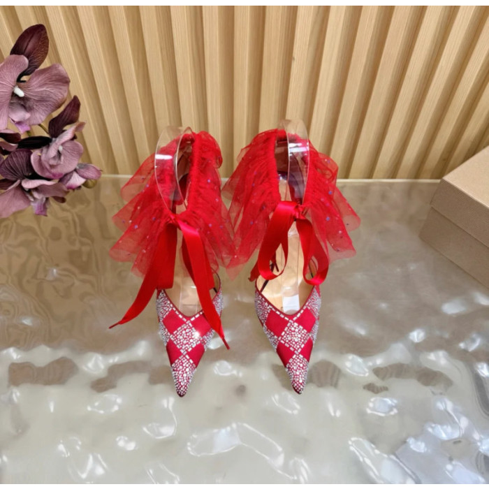 Christian Louboutin Red Satin Checkered Crystal‑Embellished 100mm Stiletto Heel Ankle‑Strap Pumps