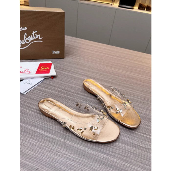 Christian Louboutin Clear Strap Crystal‑Embellished Gold Flat Slide Sandals