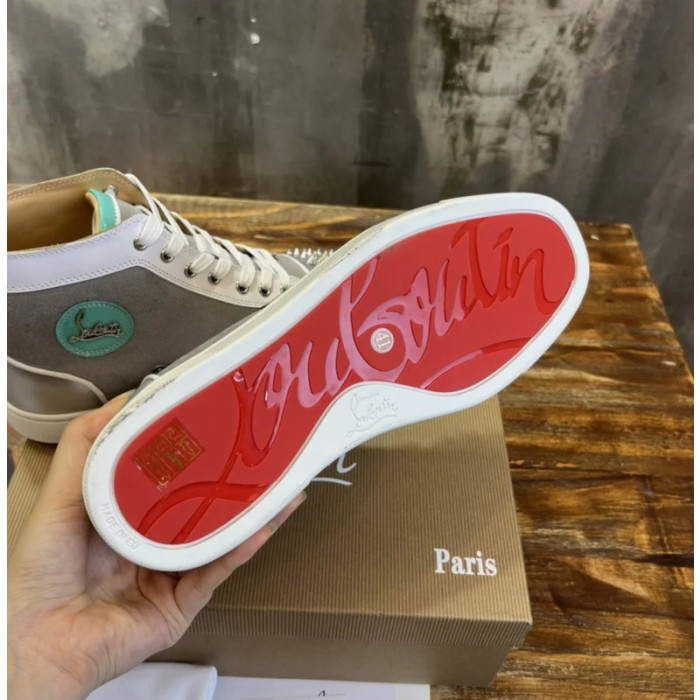Christian Louboutin Grey Canvas Silver Spiked High‑Top Sneakers