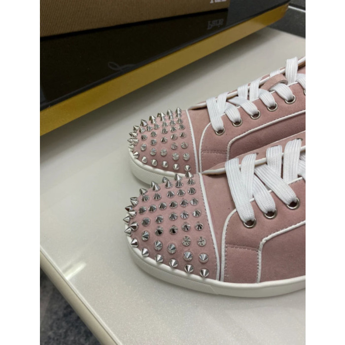 Christian Louboutin Pink Suede Silver‑Spiked Low‑Top Sneakers