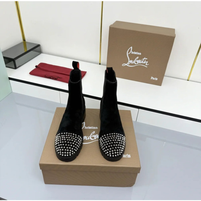 Christian Louboutin Black Suede Silver‑Spiked Chelsea Ankle Boots