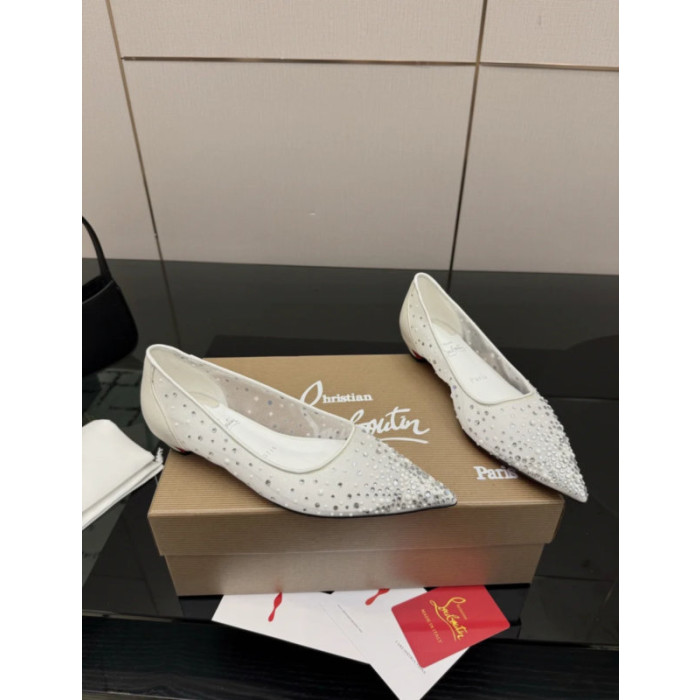 Christian Louboutin White Mesh Crystal Pearl Pointed‑Toe Flat Pumps