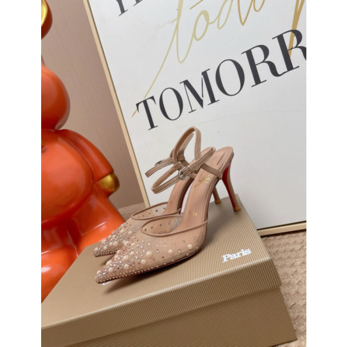 Christian Louboutin Nude Mesh 85mm Pearl‑Crystal‑Embellished Slingback Stiletto Heel Pumps