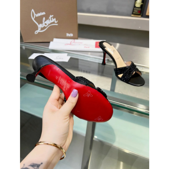 Christian Louboutin Black Crystal Crisscross Mule Slide Sandal 100mm heel