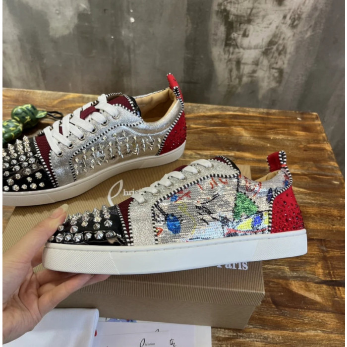 Christian Louboutin Graffiti Print Mixed‑Media Spike Low‑Top Sneakers