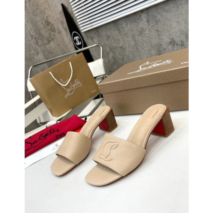 Christian Louboutin Beige Leather 55mm heel Block Heel Slide Sandal