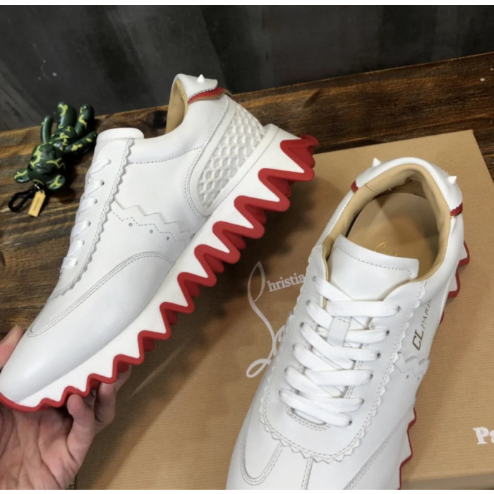 Christian Louboutin White Leather Gold‑Logo Lace‑Up Sneakers Red Shark‑Tooth Sole