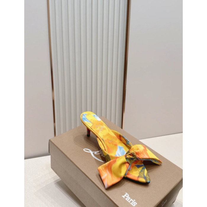 Christian Louboutin Yellow Floral Satin 70mm Bow Heel Mule Sandals