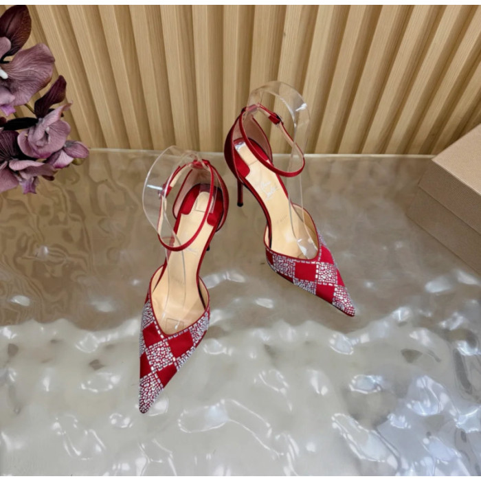 Christian Louboutin Red Satin Checkered Crystal‑Embellished 100mm Stiletto Heel Ankle‑Strap Pumps