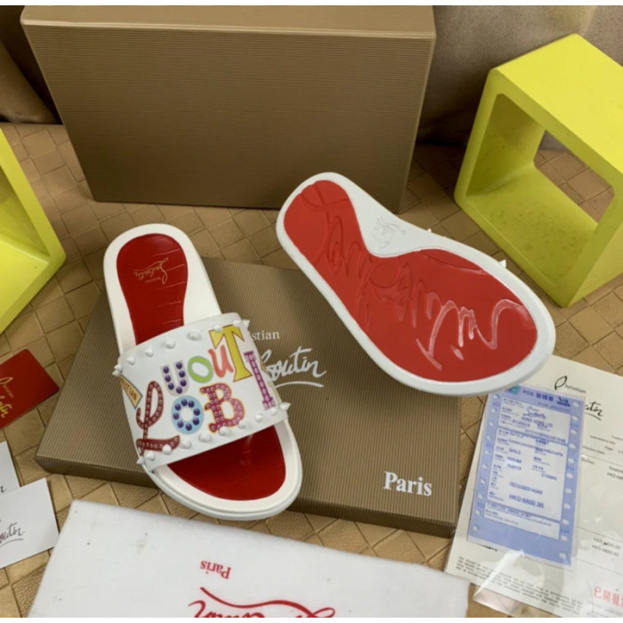 Christian Louboutin White Cartoon‑Graffiti Spiked Slide Sandals Red Footbed