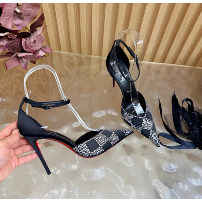 Christian Louboutin Black Satin Checkered Crystal‑Embellished 100mm Stiletto Heel Ankle‑Strap Pumps