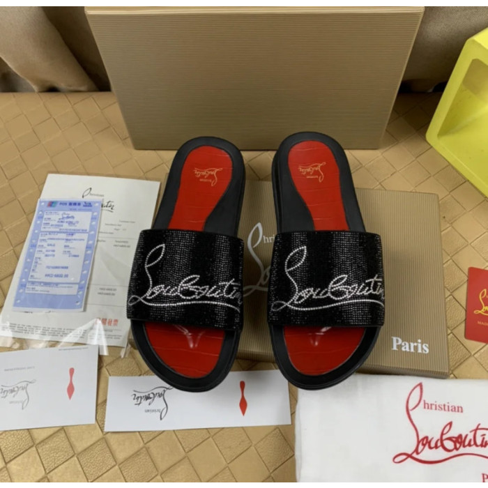 Christian Louboutin Black Crystal Logo Embellished Flat Slide Sandals
