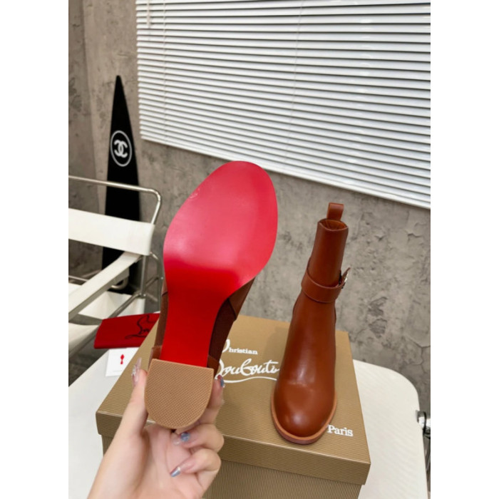 Christian Louboutin Cognac Leather 85mm Block‑Heel Chelsea Ankle Boots with CL Buckle