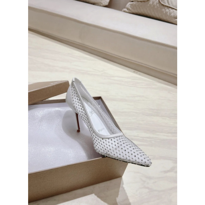 Christian Louboutin White Mesh 80mm Apostropha Crystal‑Embellished Pointed Toe Heel Pumps