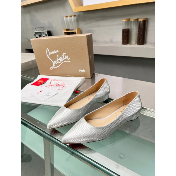 Christian Louboutin Silver Woven Metallic Pointed‑Toe Low‑Wedge Heel Flats