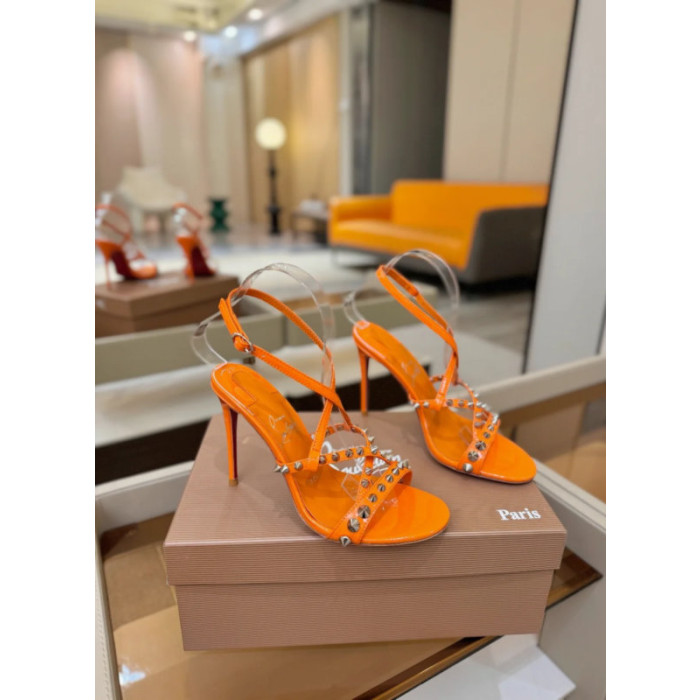 Christian Louboutin Orange Patent Studded Crisscross Ankle‑Strap Open‑Toe High Heel Sandals