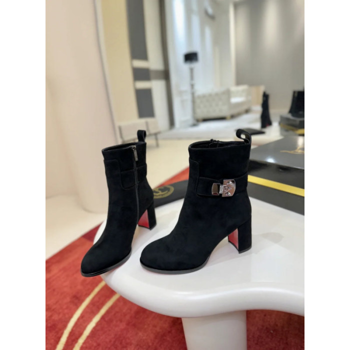 Christian Louboutin Black Suede Silver Lock Buckle 85mm Block Heel Ankle Boots