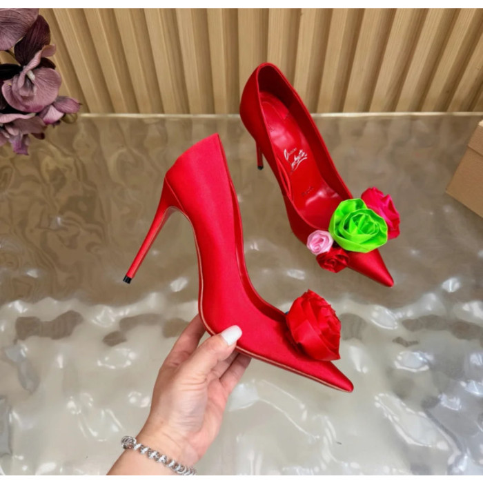 Christian Louboutin Red Satin Multicolor Fabric Flower 100mm Stiletto Heel Pumps