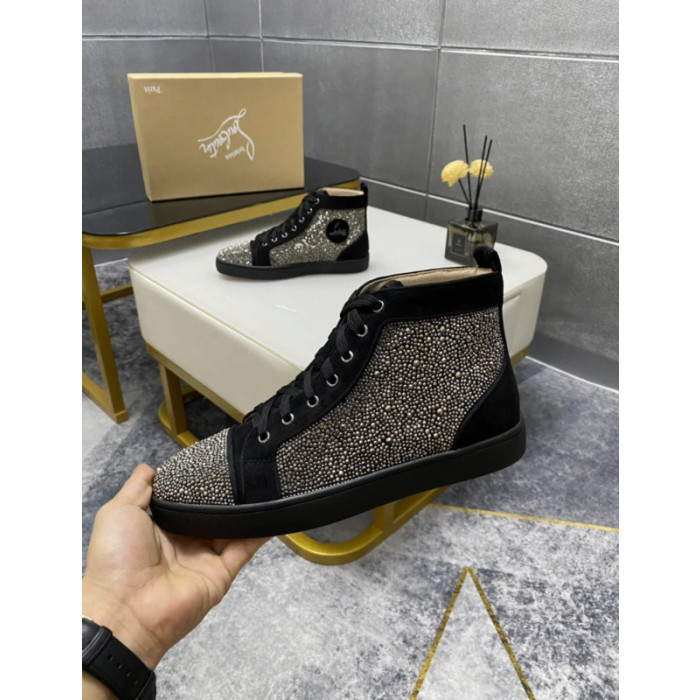 Christian Louboutin Gunmetal Strass Rhinestone High‑Top Sneakers