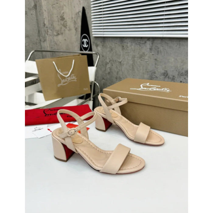 Christian Louboutin Nude Leather Block heel Ankle Strap Sandal