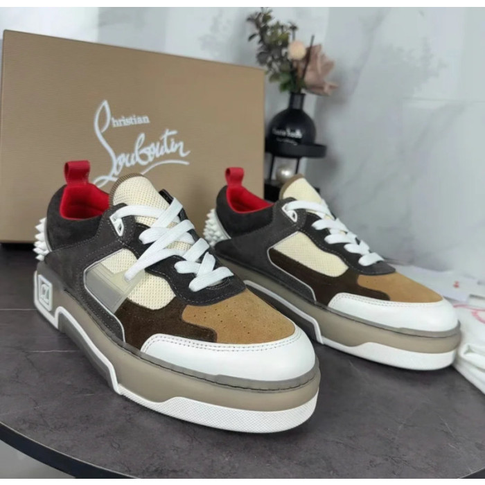 Christian Louboutin Brown‑White Suede‑Mesh Spiked Platform Lace‑Up Sneakers