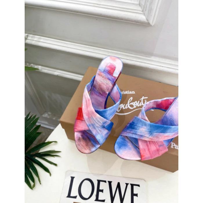 Christian Louboutin Pink‑Blue Tie‑Dye Crisscross Mule High Heel Sandals 100mm heel