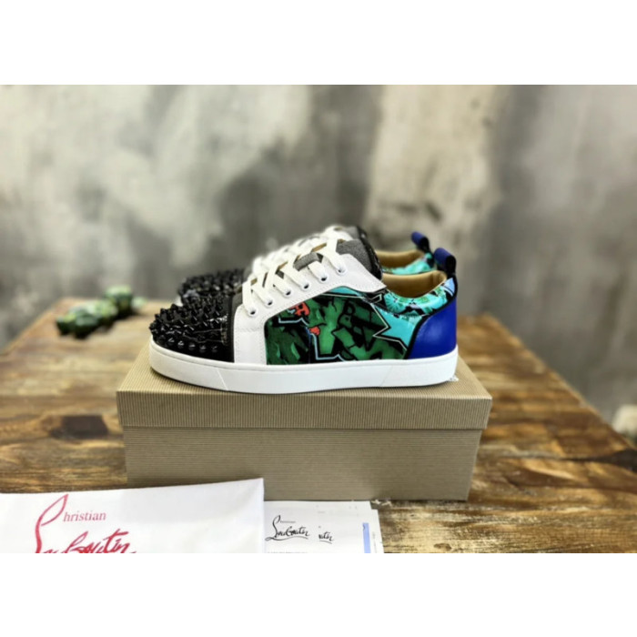 Christian Louboutin Green Graffiti‑Print Spiked‑Toe Low‑Top Lace‑Up Sneakers