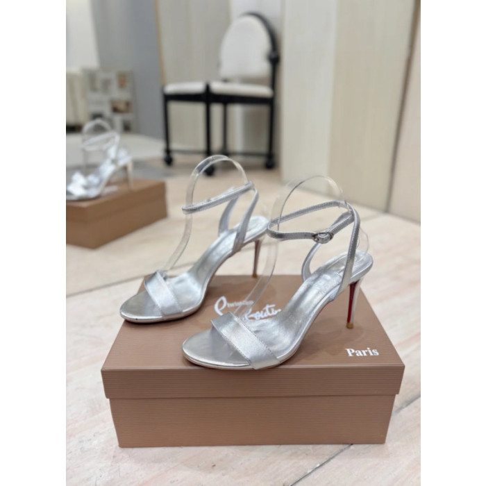 Christian Louboutin Silver Laminated Leather 85mm Stiletto Heel Ankle‑Strap Sandals