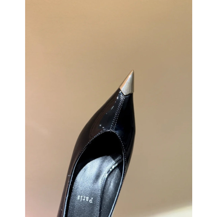 Christian Louboutin Black Patent Metal‑Tip Pointed Toe Kitten Heel Pumps