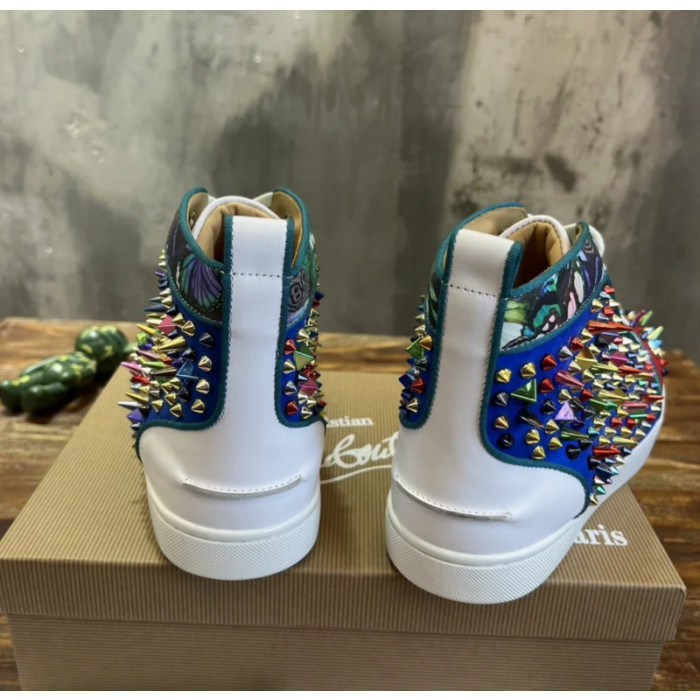 Christian Louboutin Multicolor Spike Jungle‑Print Suede High‑Top Sneakers
