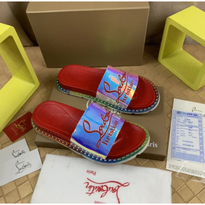 Christian Louboutin Holographic Strap Red Footbed Slide Sandals
