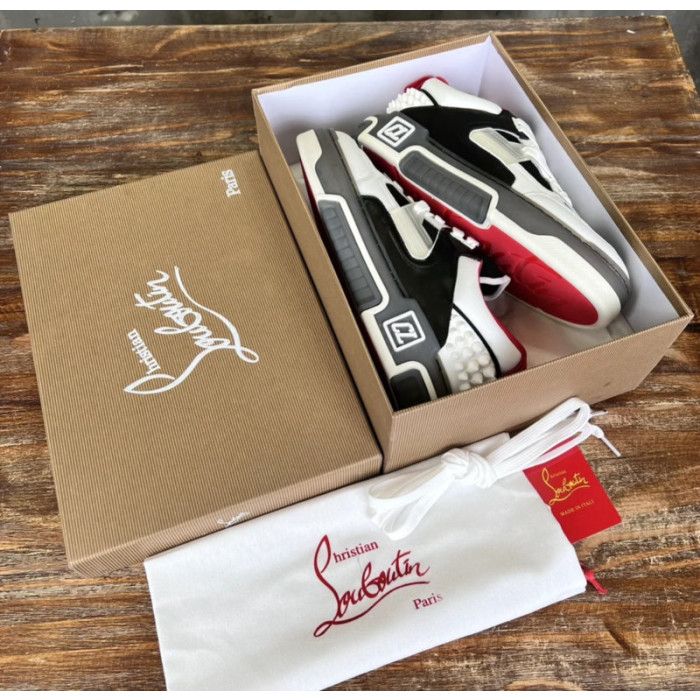 Christian Louboutin Black‑White Leather Spiked Platform Low‑Top Sneakers