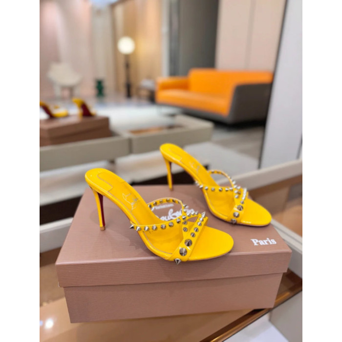 Christian Louboutin Yellow Patent Leather 100mm heel Silver‑Spiked Mule High‑Heel Sandals
