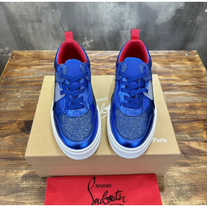 Christian Louboutin Blue Satin Crystal Spiked Low‑Top Sneakers