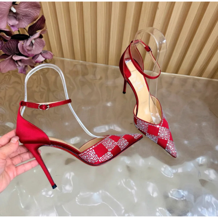 Christian Louboutin Red Satin Checkered Crystal‑Embellished 100mm Stiletto Heel Ankle‑Strap Pumps