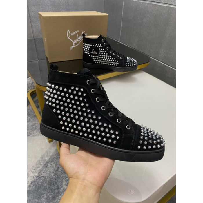 Christian Louboutin Black Suede Full Silver‑Spiked High‑Top Sneakers