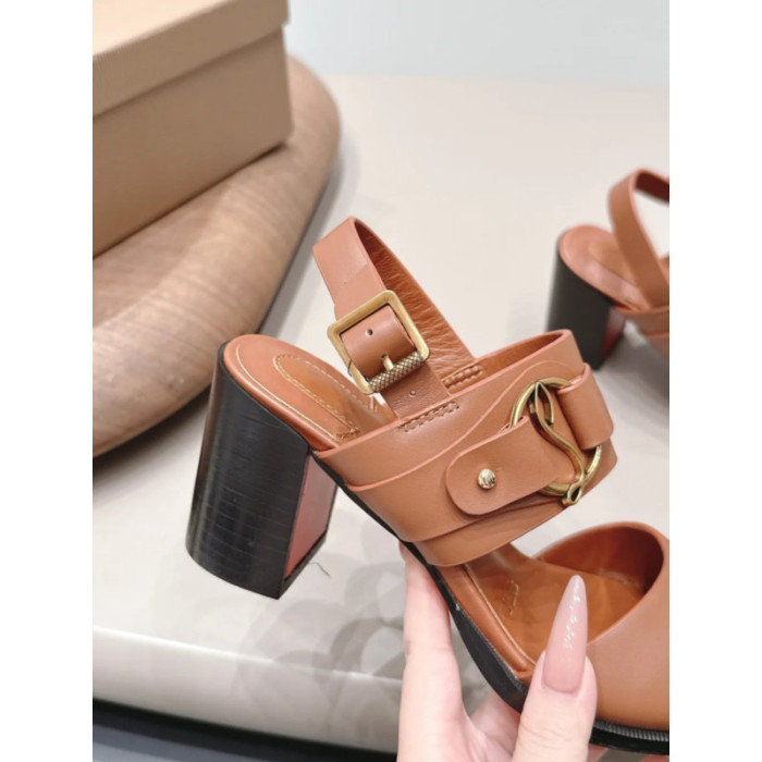Christian Louboutin Tan Leather CL‑Logo Block Heel Ankle‑Strap Sandals 85mm heel
