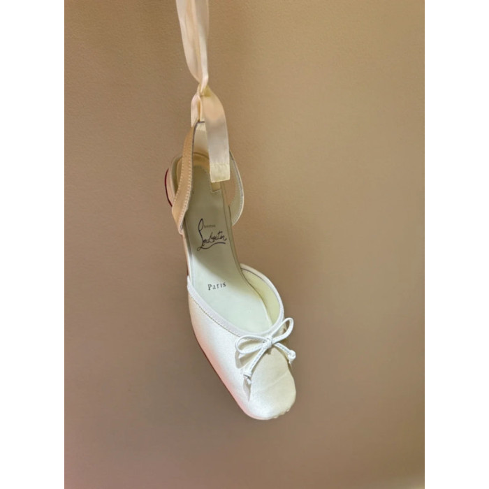 Christian Louboutin Ivory Satin Bow Tie‑Ankle Flat Ballet Sandals