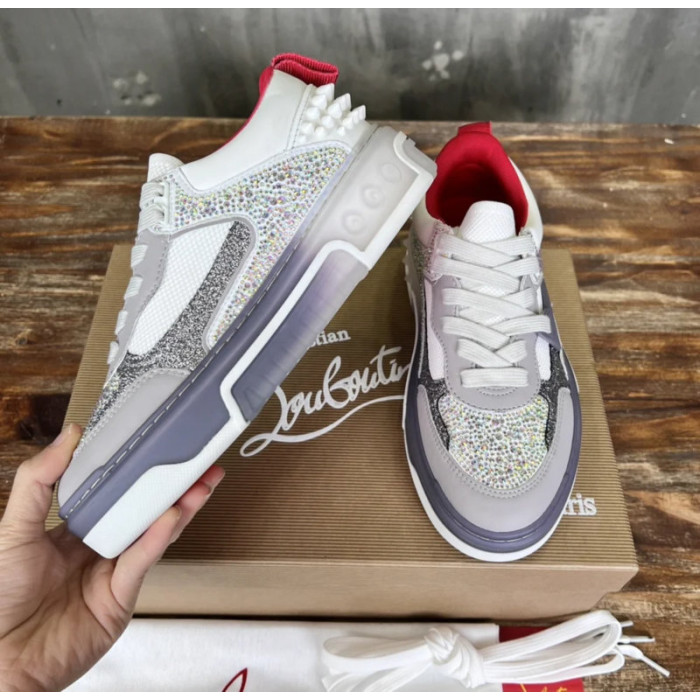 Christian Louboutin White Grey Purple Glitter Studded Low‑Top Sneakers