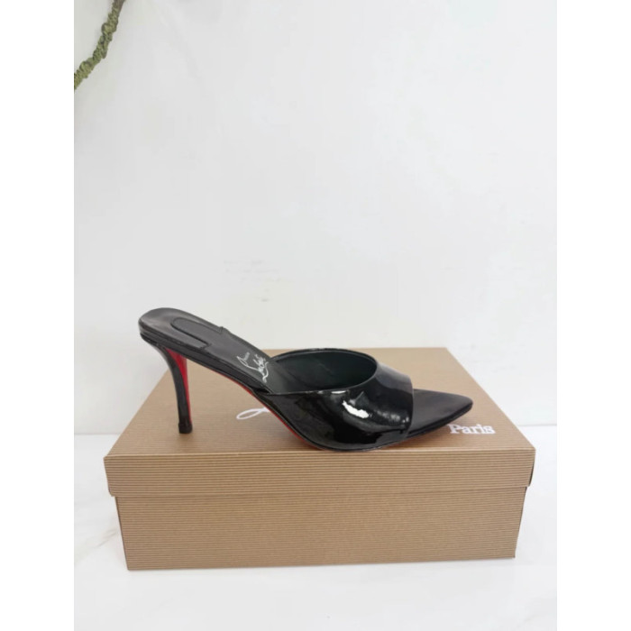 Christian Louboutin Black Patent 100mm Pointed‑Toe Heel Mule Sandals