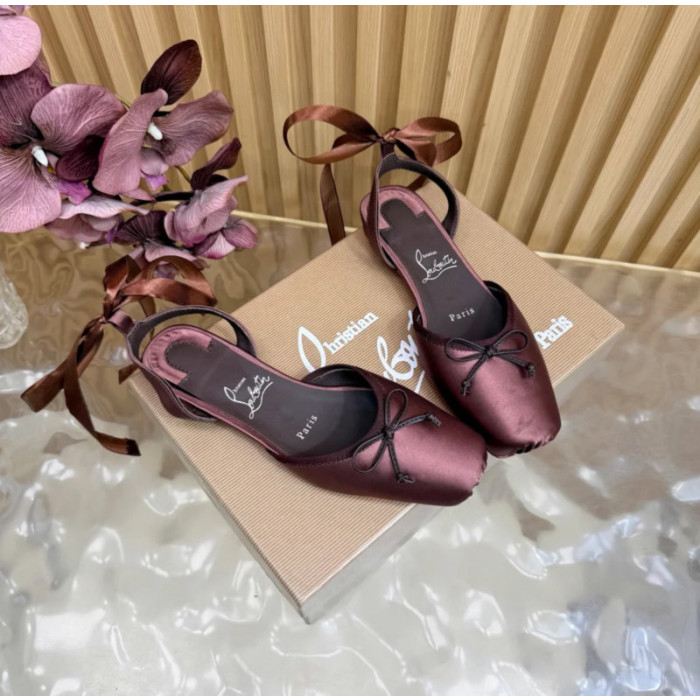 Christian Louboutin Brown Satin Bow Ankle‑Tie Slingback Ballet Flats