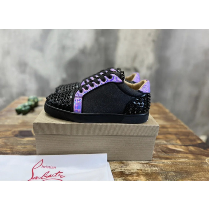 Christian Louboutin Black Glitter Holographic Purple‑Accent Black‑Spiked Low‑Top Sneakers